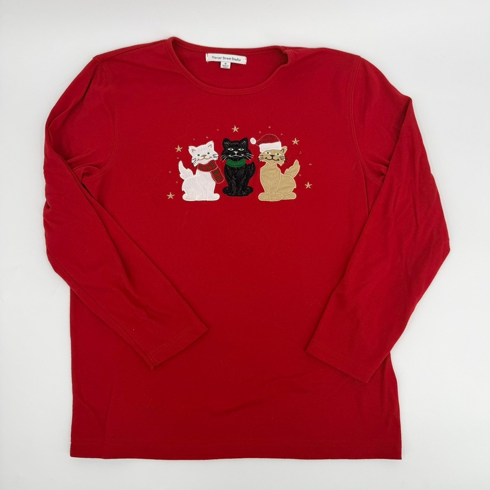 Mercer Street Studio Christmas Cats Shirt Y2K Womens Size Medium Red Long Sleeve